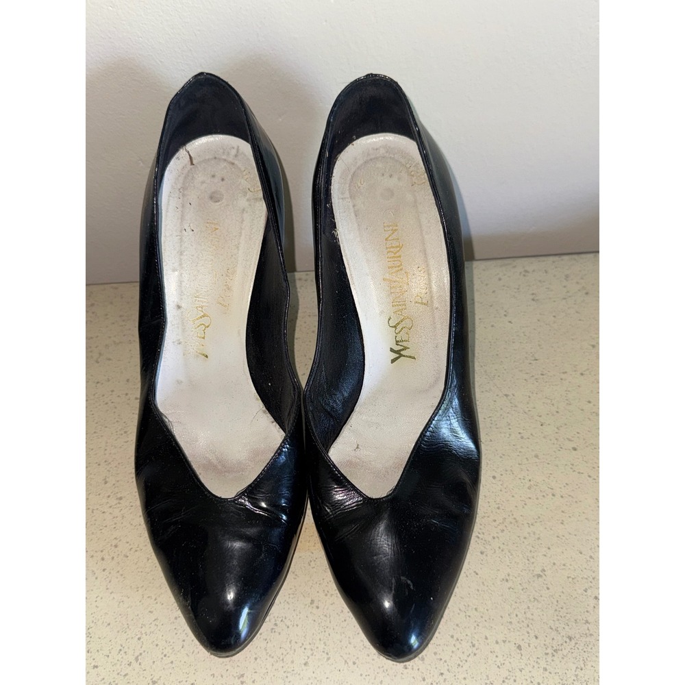 Yves Saint Laurent Vintage Black Leather Pointed Toe Pumps Two-Tone Heel Size 8M